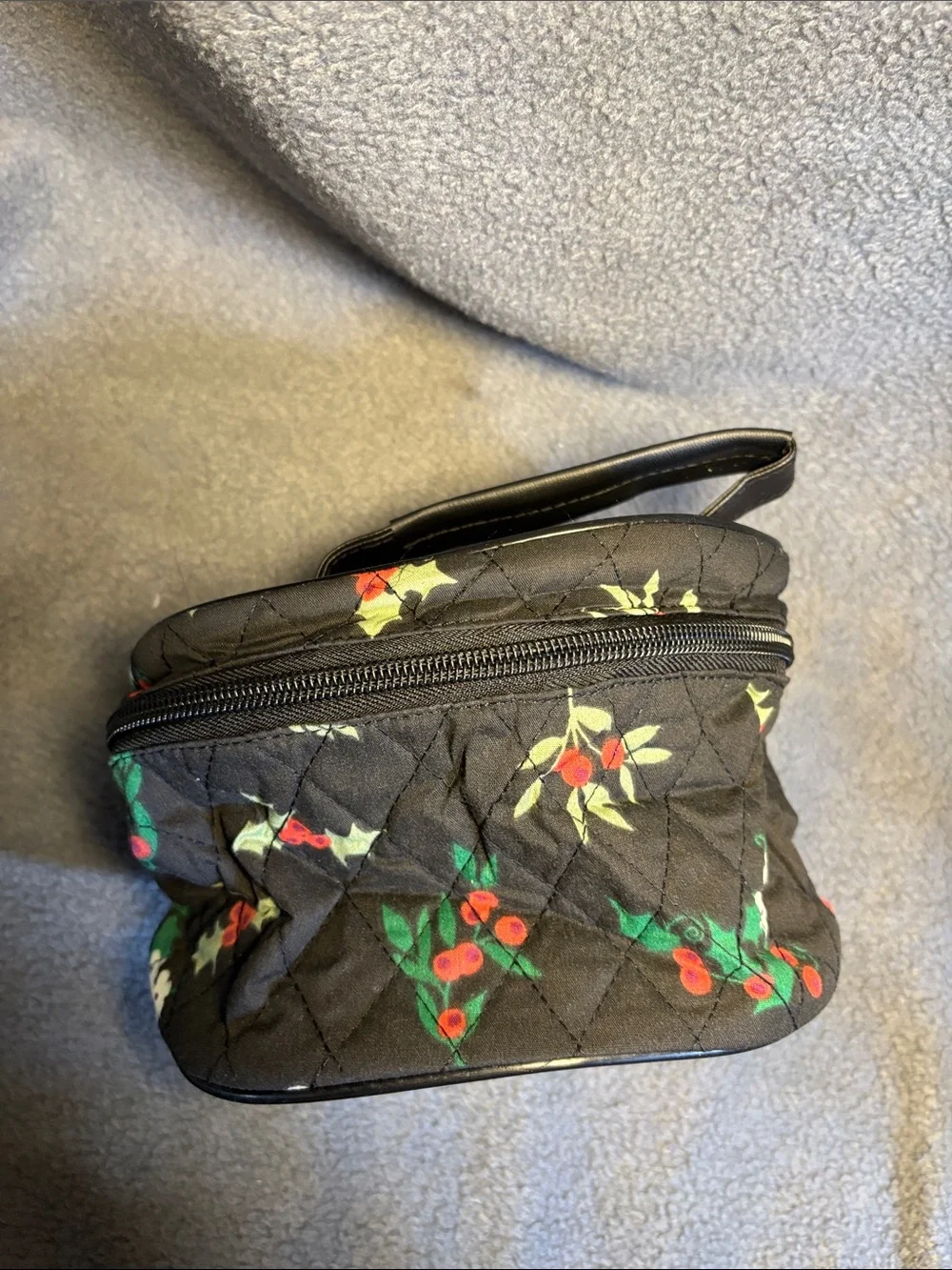Three piece Black Quilted Cosmetic bag and pouched with Red & Green Berry Print